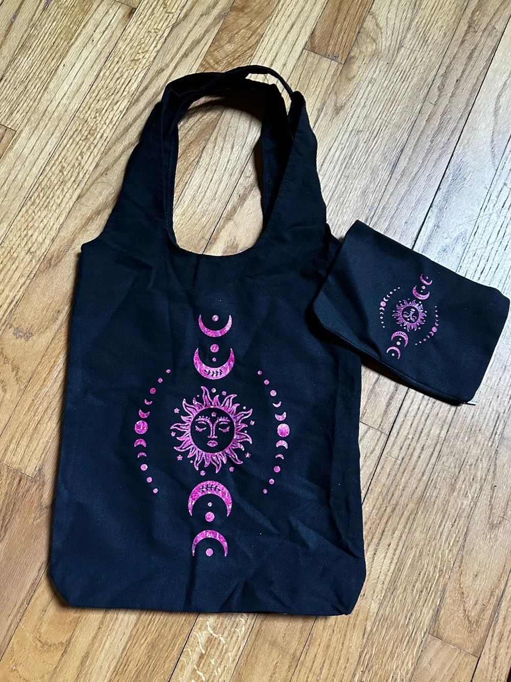 Black Tote & matching coin purse with Pink Sun & Moon Design